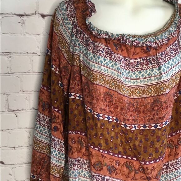 Beach lunch lounge Off Shoulder Rust Print Blouse Boho - Picture 9 of 10